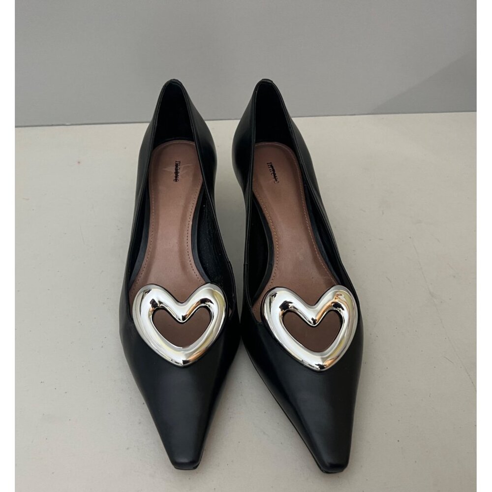 Anthropologie Maeve Black Leather Heart Kitten Heel Pumps Size 38 - Picture 5 of 7